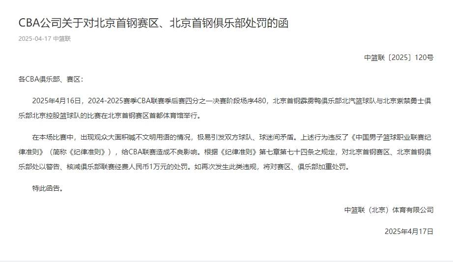 因观众大面积喊不文明用语 北京首钢赛区被罚1万